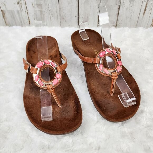 Vionic Ricci Brown Leather Rhinestone Sandals Size 7 - Picture 1 of 9